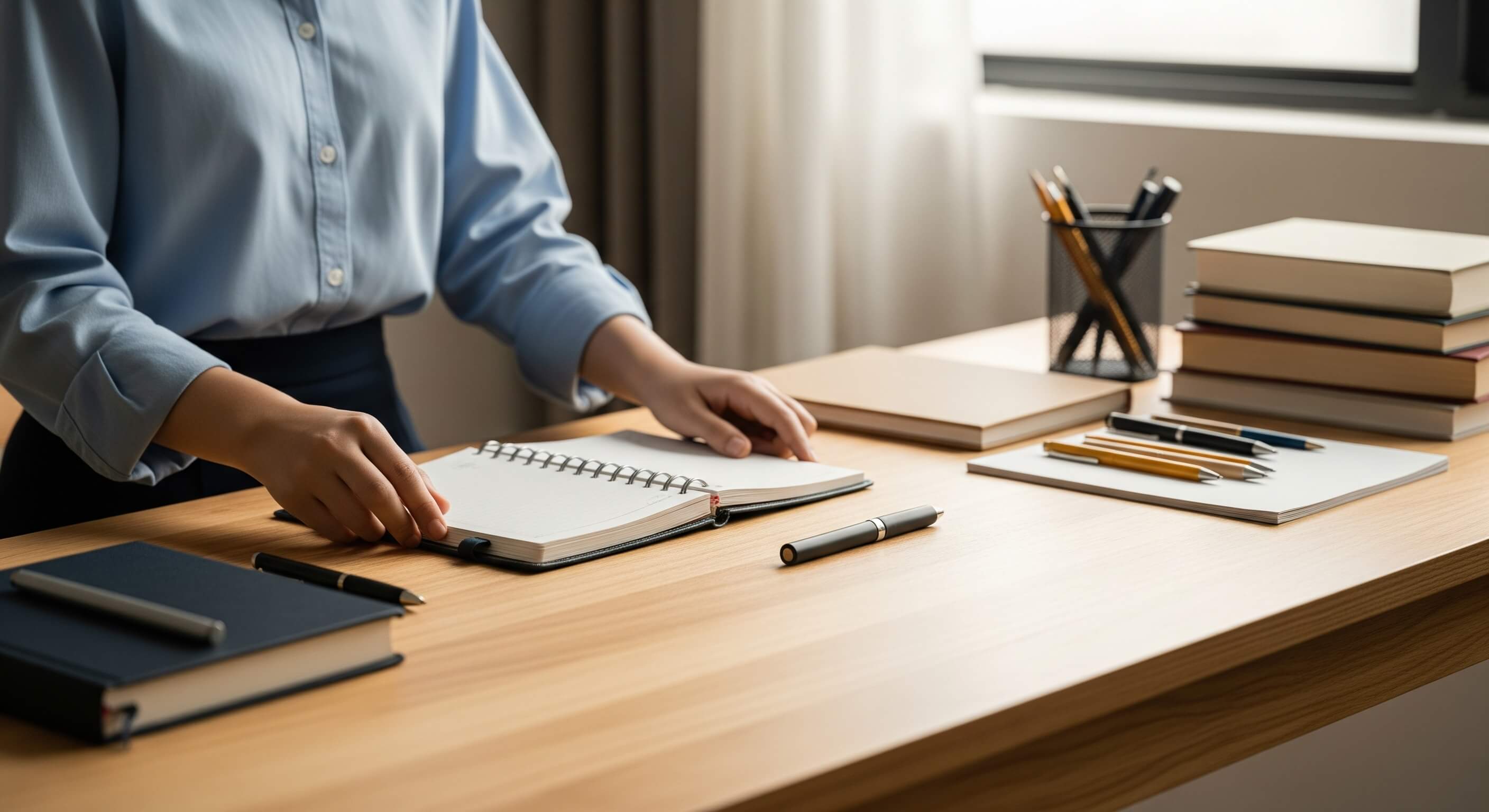 Persona organizando meticulosamente su agenda en un escritorio ordenado.