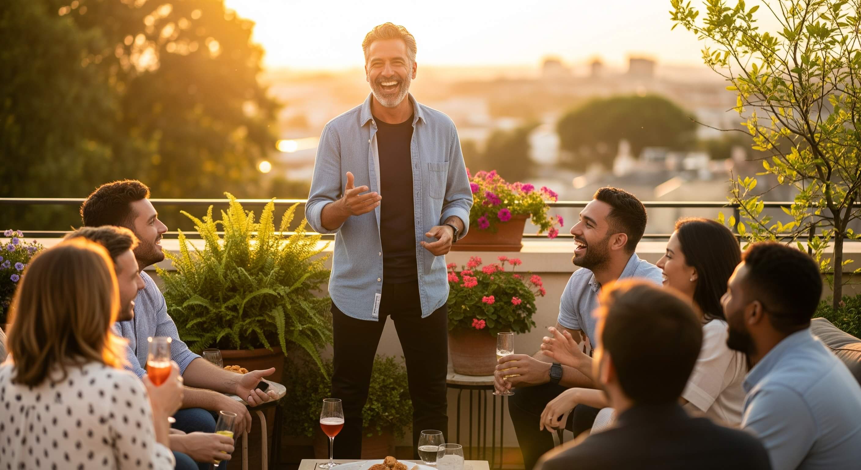 Grupo de amigos riendo y socializando en un café.