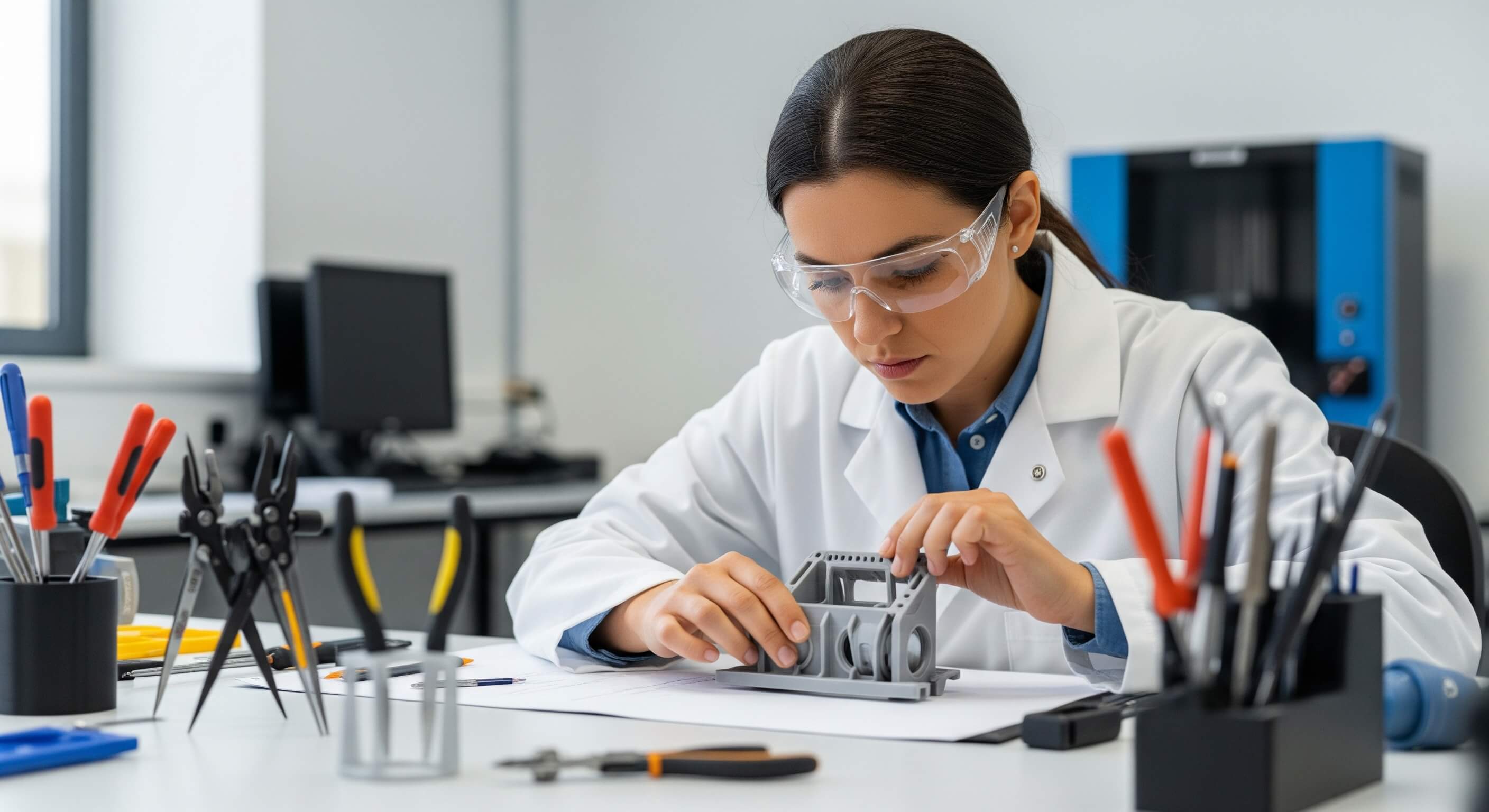 Ingeniera aplicando una solución práctica a un prototipo.