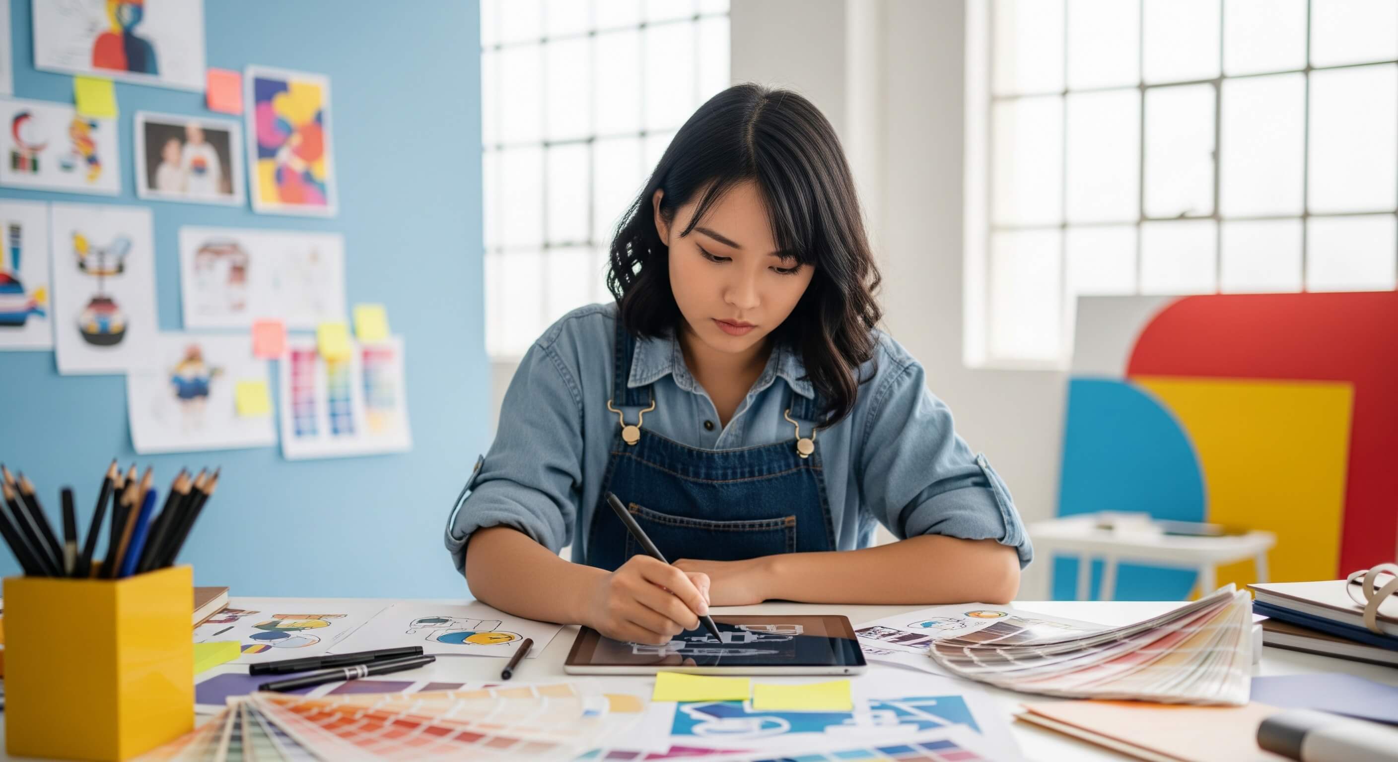 Diseñadora gráfica dibujando en una tableta digital.