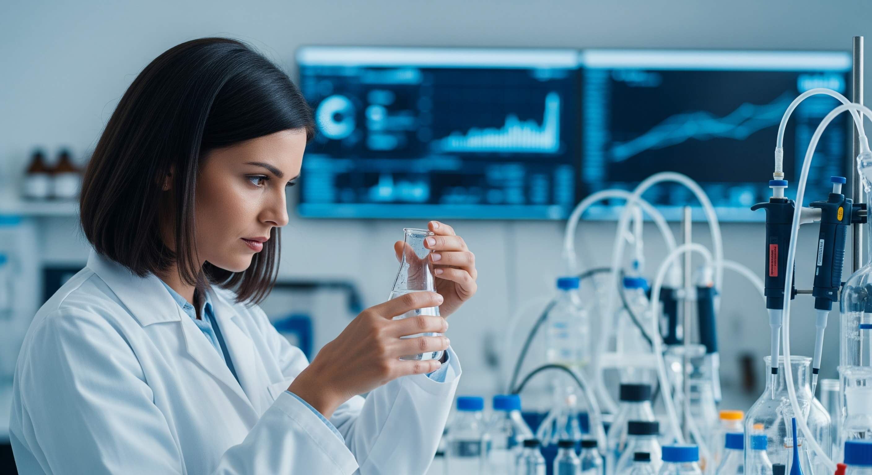 Científico analizando un líquido en un laboratorio.